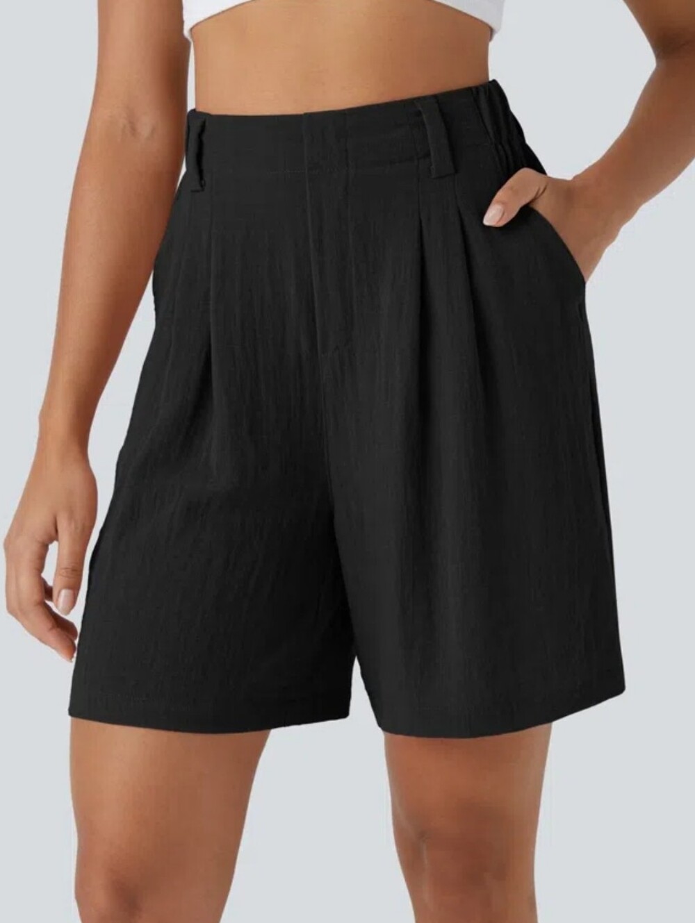 HALARA Black High Waisted Pocket Wide Leg Casual Linen-Feel Bermuda Shorts XL